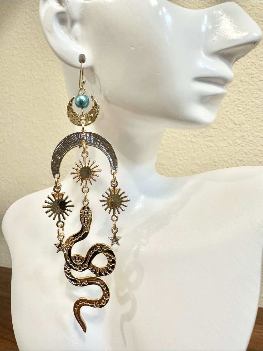 Gold Snake and Celestial Drop Earrings with Teal Pearl Accent